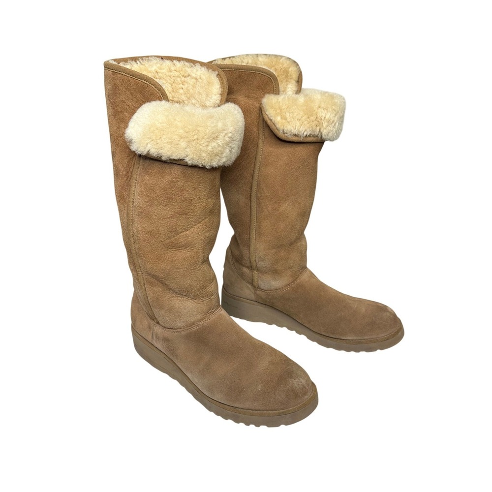 UGG Kara Classic Slim Tall Wedge Boots Women 8 Chestnut Tan Suede Shearling Fur